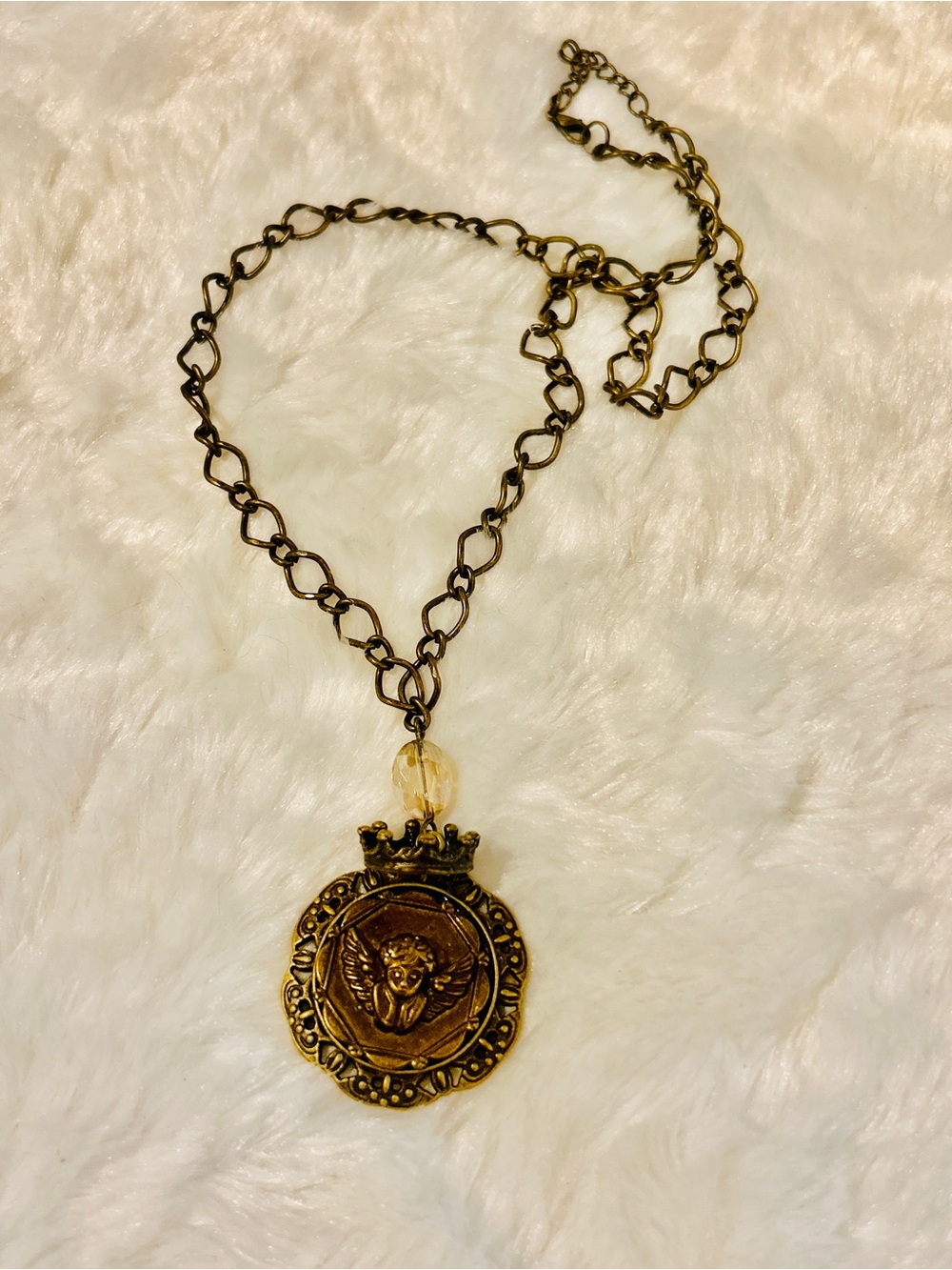 Antique Gold Crown Angel Medallion Pendant Swarovski Vintage Gypsy Necklace